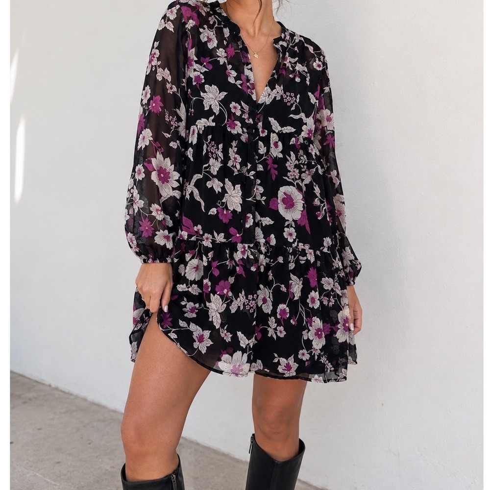 Sanctuary Floral Tiered Mini Dress Black Purple Long Sleeve Babydoll CD1472H29 h